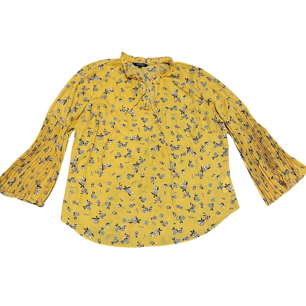 Lauren Ralph Lauren Yellow Floral Pleated Bell Sleeve Tie Neck Blouse Women's 2X